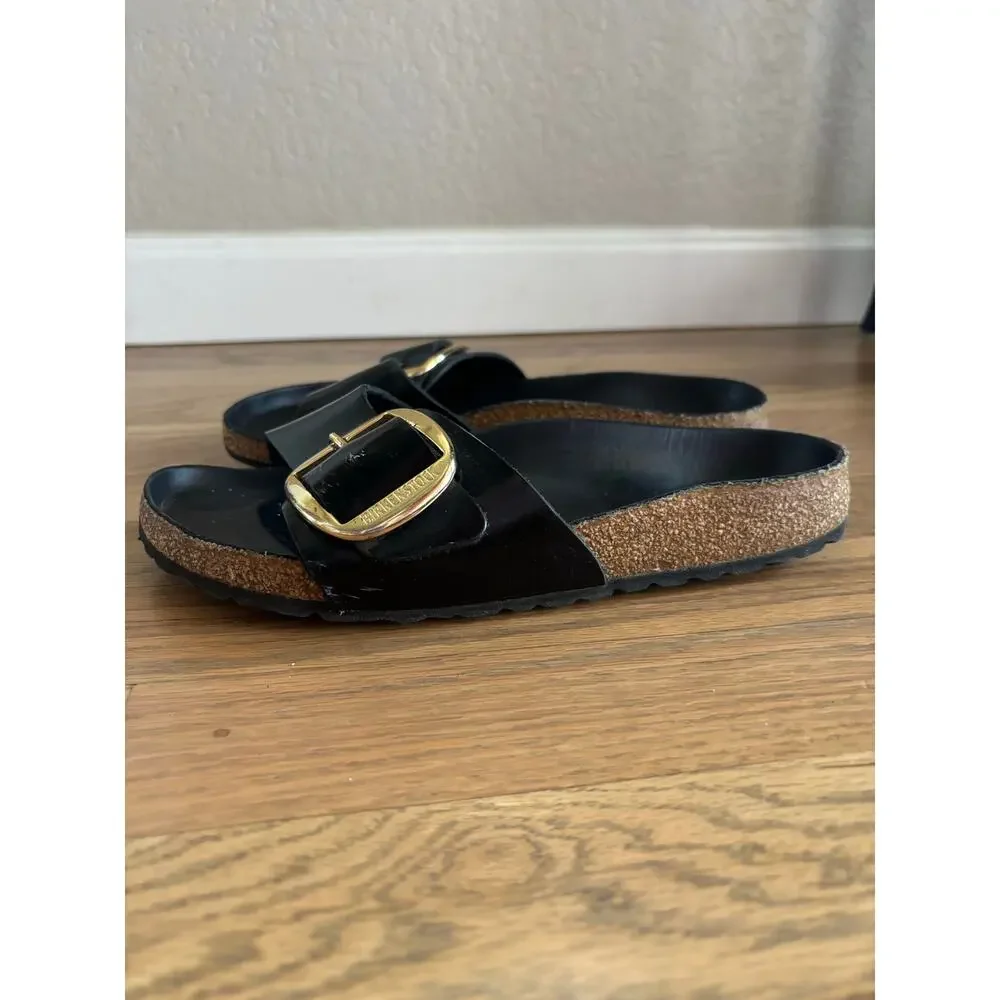 Birkenstock Madrid Big Buckle Sandals Black Leather Slip On Slide Women's Size 7